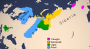 Geografisk fördelning av uraliska språk (delgrupperna finsk-permiska språk (blå), ugriska språk (grön), samojedspråk (gul)) och den möjligen besläktade jukagiriskan (röd).