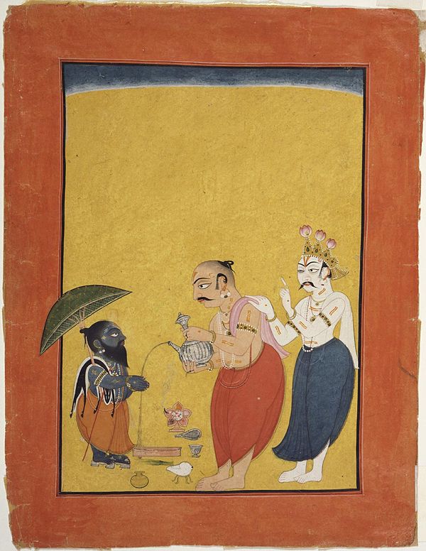 Mahabali serves Vamana, while a suspicious Shukra tries to stop him. Painting from Mankot, Jammu and Kashmir, c. 1700-25