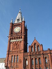 The "Red Brick" Victoria Building at the University of Liverpool, completed in 1893 in Gothic Revival style. Designed by Alfred Waterhouse