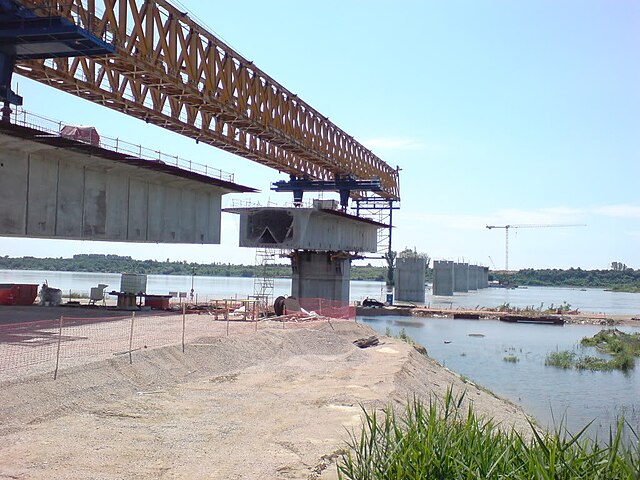 Construction of the Vidin–Calafat Bridge as seen in 2010 on the Bulgarian river bank. View towards the small island in the Bulgarian non-navigable par