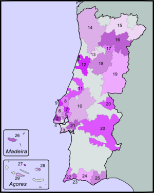 Map of the DOCs and IPRs of Portugal - number 17 is Tavora-Varosa DOC. Vinos DOC de Portugal.png