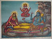 Vishnu rests on the serpent Ananta while Brahma sits on a lotus throne, the plant emitting from Vishnu's navel.