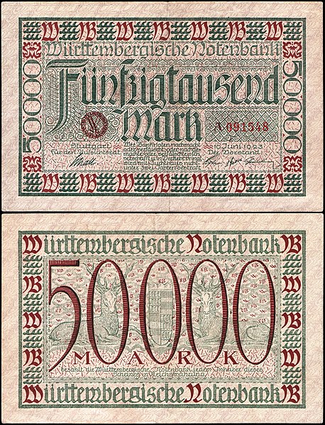 圖為100年前由德國符腾堡自由人民邦發行的緊急貨幣，面值為5萬馬克。