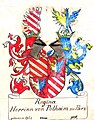 Gemehrtes Wappen der Regina Herrin von Polheim zu Parz, Zeichnung (ca. 1890) von Ernst Graf Sprin­zen­stein ( Familien­archiv Sprinzen­stein )