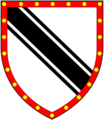 Arms of Westcott of Raddon in the parish of Shobrooke, Devon: Argent, a bend cotised sable a bordure gules bezantée