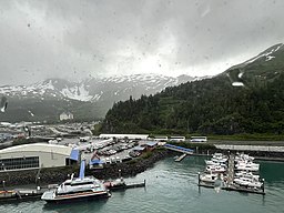 Whittier, Alaska. There is no depot in Whittier. Trains load and off-load passengers in the white tented area across from the cruise ship terminal and the marina.