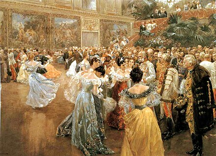 Two ladies are presented to Emperor Franz Joseph at a ball in the Hofburg Imperial Palace, painting by Wilhelm Gause (1900)