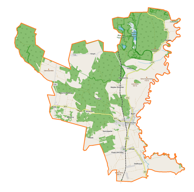 Mapa konturowa gminy Wola Uhruska, u góry znajduje się punkt z opisem „Kościół św. Stanisława Kostki”