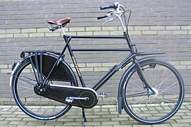 Heavy-duty city bike with frame-mounted front carrier known as a "semi-transportfiets" (Dutch for semi-transport bicycle)