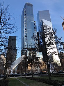 The new PATH station, Three WTC and Four WTC in front of the September 11 memorial, January 2019