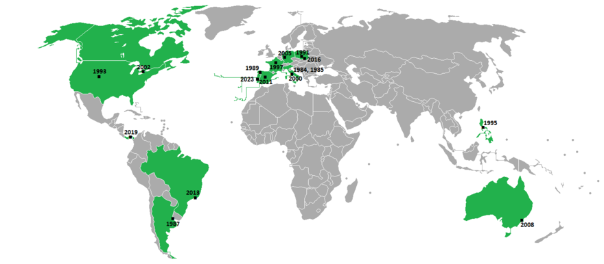 Map of World Youth Day locations. Countries that have hosted at least one WYD are shaded green.