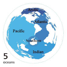 Ocean boundaries following the 5 oceans model. World ocean map 5 oceans.gif