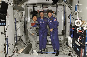 Yi So-yeon with NASA astronaut Peggy Whitson (right), Expedition 16 commander, and Russian Federal Space Agency cosmonaut Yuri Malenchenko (middle), flight engineer, at the International Space Station.