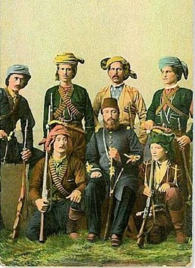 Ali Pasha of Çürüksu (front row, middle) and Ottoman Georgians during the  Russo-Turkish War (1877–78). At the end of the war, the re-settlement of Ottoman Georgians in Fatsa was supervised by Ali Pasha.[13]