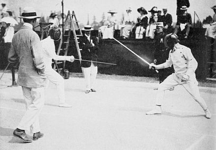 Patton (right) fencing in the modern pentathlon of the 1912 Summer Olympics