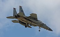 A US Air Force F-15C Eagle, tail number 83-0046, on final approach at Kadena Air Base in Okinawa, Japan