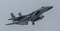 A US Air Force F-15C Eagle, tail number 85-0107, on final approach at Kadena Air Base in Okinawa, Japan. It is assigned to the 44th Fighter Squadron at Kadena AB.