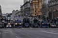 Independence avenue (Minsk), blocked by the special vehicles: moving two-level fences and water cannons with dozer blades