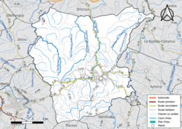 Carte en couleur présentant les réseau hydrographique de la commune