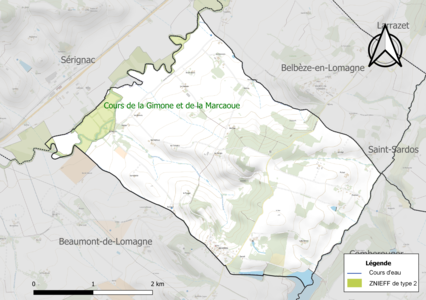 Carte de la ZNIEFF de type 2 sur la commune.