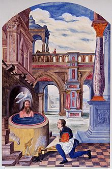 A Christ-like figure seated in a boiling vat while a man wor Wellcome V0025634.jpg