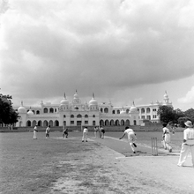 A cricket match being played with the main building of the Hyderabad Public School in the background, c. 1940s A cricket match being played with the main building of the Hyderabad Public School in the background.png