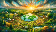 A landscape cover image embodying a green future with no visible industry, emphasizing a circular economy and sustainable living.
