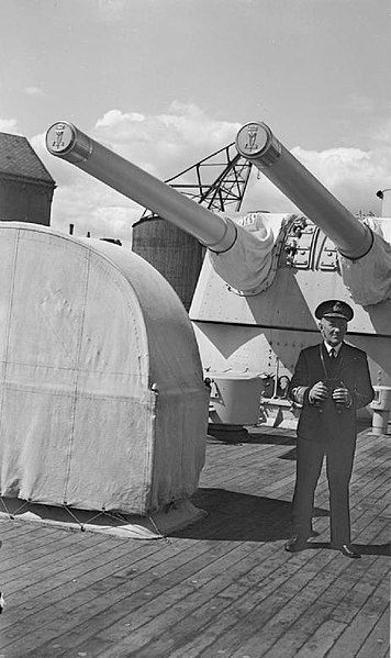 Vice Admiral McGrigor on the deck of his flagship HMS Norfolk, June 1945
