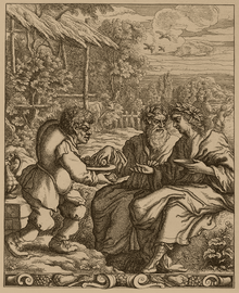Aesop (left) as depicted by Francis Barlow in the 1687 edition of Aesop's Fables with His Life. Aesop and Priests by Francis Barlow 1687.png