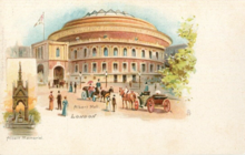 Postcard of the Hall (c. 1903) with an inset of the Albert Memorial Albert Hall and Albert Memorial Postcard c1903.png