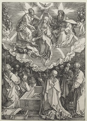 Albrecht Dürer, woodcut, 1510, combined Assumption and Coronation of the Virgin