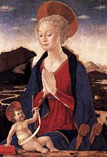 Alesso Baldovinetti, Madonna and Child, c. 1460-1465, Louvre, Paris. Roger Fry noted the closeness in proportion and the similarity in form of the women's facial features when he claimed Baldovinetti as the artist behind Portrait of a Lady in Yellow. Alesso baldovinetti, madonna col bambino, louvre.jpg