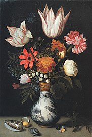 Tulppaaneja, ruusuja, neilikka, lemmikkejä, kieloja ja muita kukkia maljakossa, n. 1619, 28,5 × 19,5 cm, yksityiskokoelma.