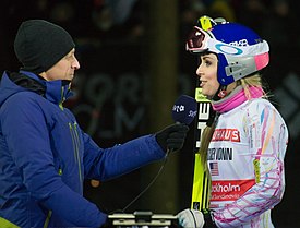 André Pops från SVT intervjuar Lindsey Vonn.