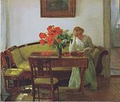 Interiør med røde valmuer (Interior with poppies and reading woman, 1905)