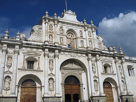 The restored facade of the Catedral de Antigua Guatemala