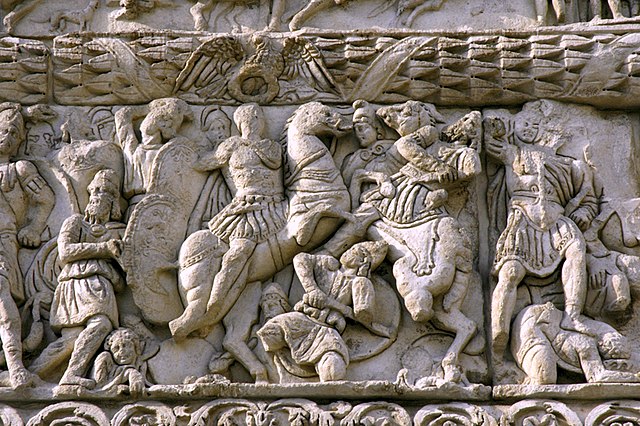 Detail of Galerius attacking Narseh on the Arch of Galerius at Thessaloniki, Greece, the city where Galerius carried out most of his administrative ac