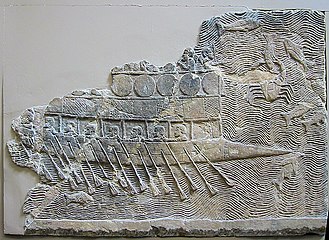 Assyrian warship, a bireme with pointed bow circa 700 BC