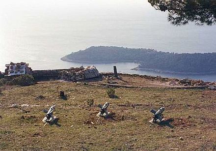 JNA positions overlooking Dubrovnik, 9 December 1991. Three 9K11 Malyutka anti-tank guided missiles in a firing position are visible.