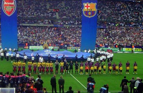 The Champions League anthem is played before the two teams shake hands prior to the start of each match