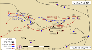 Troop movements during the Battle of Emmaus. Blue arrows shows a hypothesized line of the Maccabees march from Mizpah to the west, red arrows shows proposed movement of Gorgias's raiding force; dotted red lines are the direction of the Seleucid camp's retreat. BattleOfEmmausDetails he.svg