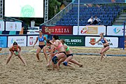 Deutsch: Beachhandball Europameisterschaften 2019 (Beach handball Euro); Tag 5: 6. Juli 2019 – Frauen, Platzierungsspiel für die Ränge 17–20, Nordmazedonien-Slowenien 0:2 (10:13, 9:15) English: Beach handball Euro; Day 5: 6 July 2019 – Placement Match/Cross Match for rank 17–20 Women – North Macedonia-Slovenia 0:2 (10:13, 9:15)