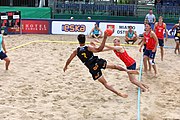 Deutsch: Beachhandball Europameisterschaften 2019 (Beach handball Euro); Tag 2: 3. Juli 2019 – Männer, Vorrunde Gruppe A, Spanien-Norwegen 1:2 (22:26, 28:22, 8:10) English: Beach handball Euro; Day 2: 3 July 2019 – Men Preliminary Round Group A - Spain-Norway 1:2 (22:26, 28:22, 8:10)