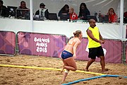 Deutsch: Beachhandball bei den Olympischen Jugendspielen 2018; Tag 6, 12. Oktober 2018; Mädchen, Hauptrundenspiel – Ungarn-Niederlande 2:1 English: Beach handball at the 2018 Summer Youth Olympics at 12 October 2018 – Girls Main Round – Hungary-Netherlands 2:1