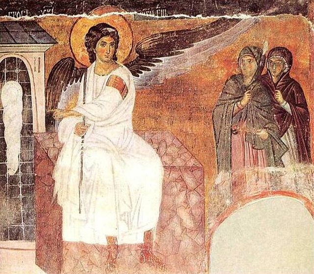 Myrrhbearers on Christ's Grave, c. 1235 AD, Mileševa monastery in Serbia.