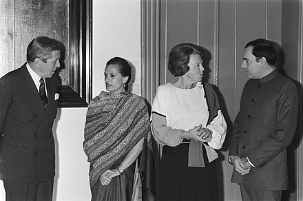 Queen of the Netherlands Beatrix with Prince Claus meeting Rajiv and Sonia Gandhi.