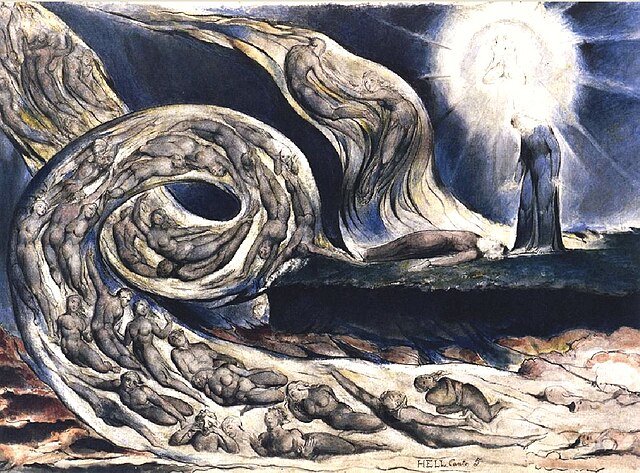 William Blake's The Lovers' Whirlwind illustrates Hell in Canto V of Dante's Inferno.