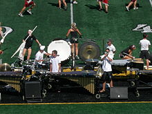 The Bluecoats pit used thematic vocal amplification in their 2007 performance, "Criminal." Bluecoats drum corps 2007 pit.JPG