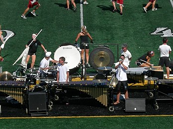 The front ensemble for the Bluecoats Drum and Bugle Corps rehearsing their 2007 show, "Criminal" Bluecoats drum corps 2007 pit.JPG
