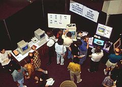 The CyberArts International expositions were each an amalgam of educational conference, music festival, art exhibition, and trade show. BoothsAtCyberArtsInt.jpg